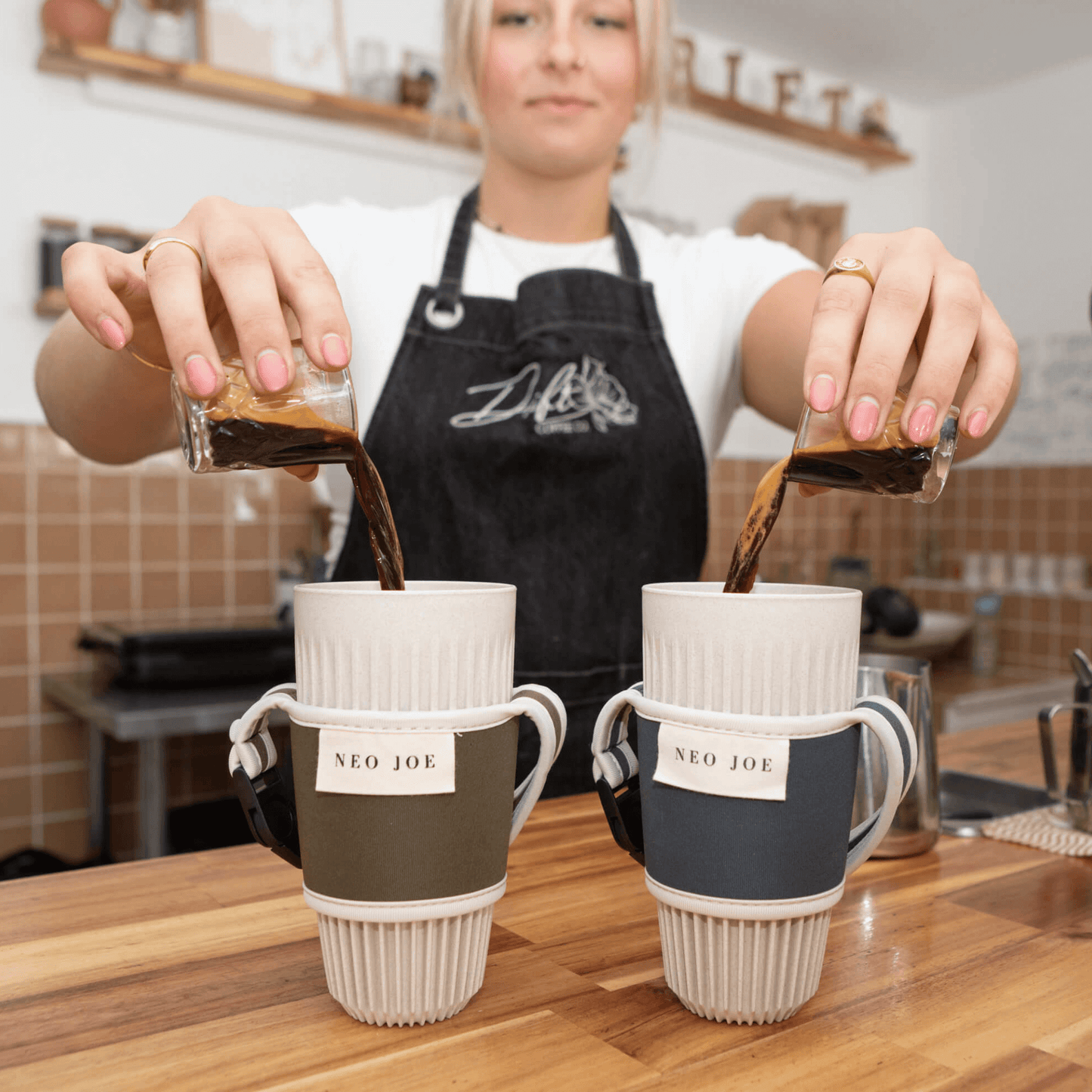 COFFEE SLING IN BLUE GREY WITH BEIGE TRIM